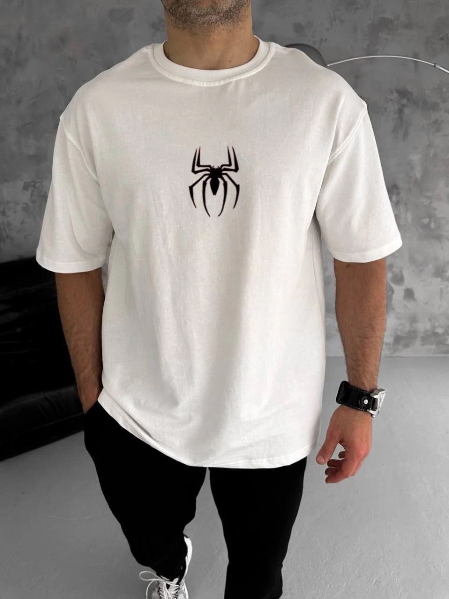 Erkek Kısa Kol Tişört Bisiklet Yaka ÖRÜMCEK Baskılı Oversize T-Shirt - Beyaz