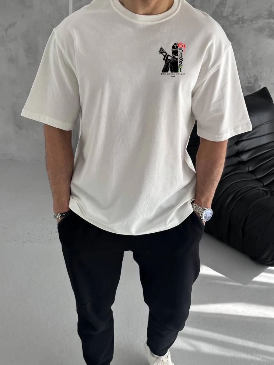 Erkek Kısa Kol Yazlık Tişört Bisiklet Yaka Baskılı Oversize T-Shirt - Beyaz