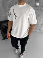 Erkek Kısa Kol Tişört Bisiklet Yaka Yıldırım Baskılı Oversize T-Shirt - Beyaz