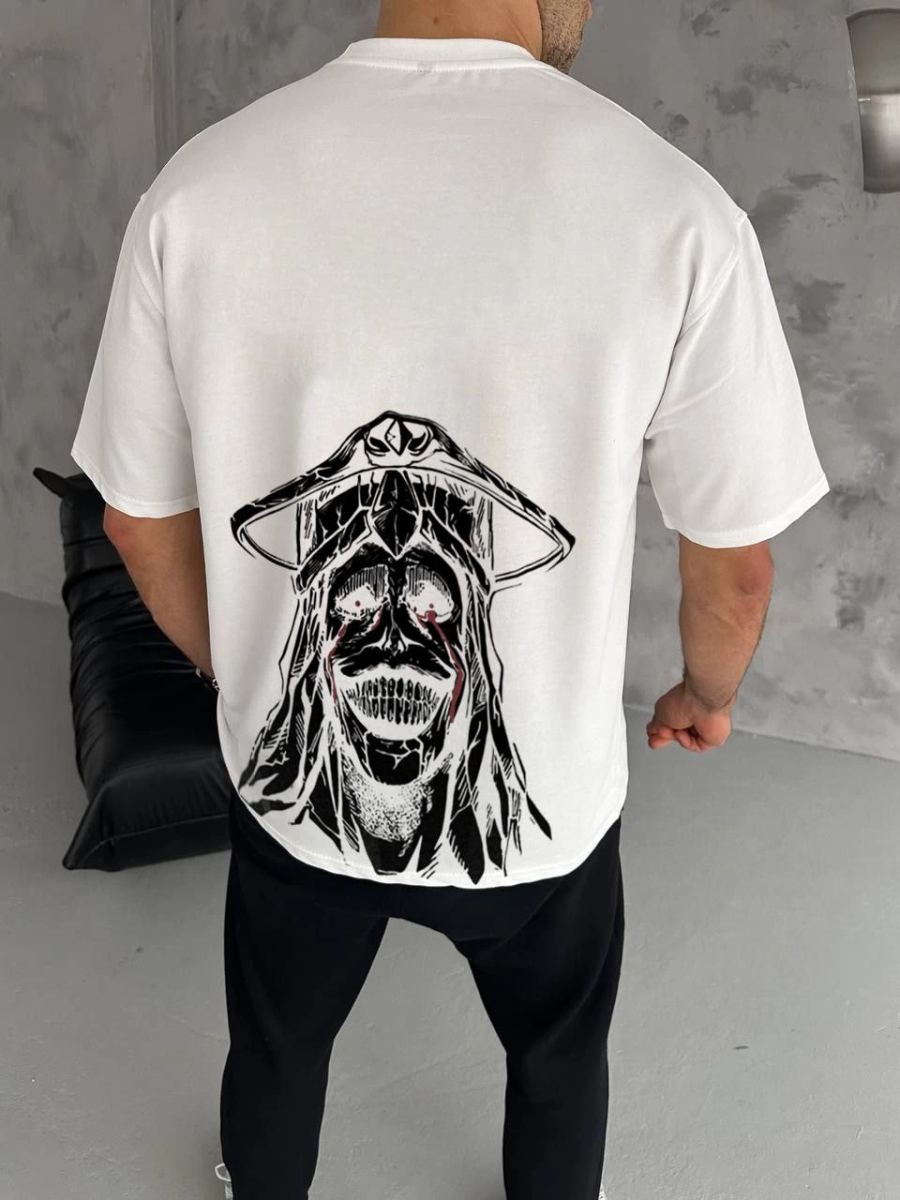 Erkek Kısa Kol Tişört Bisiklet Yaka Yıldırım Baskılı Oversize T-Shirt - Beyaz