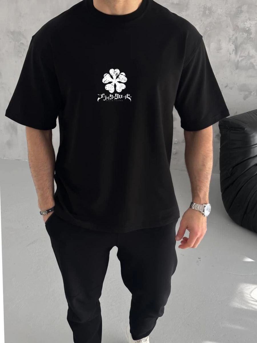 Erkek Kısa Kol Tişört Bisiklet Yaka YONCA Baskılı Oversize T-Shirt - Siyah