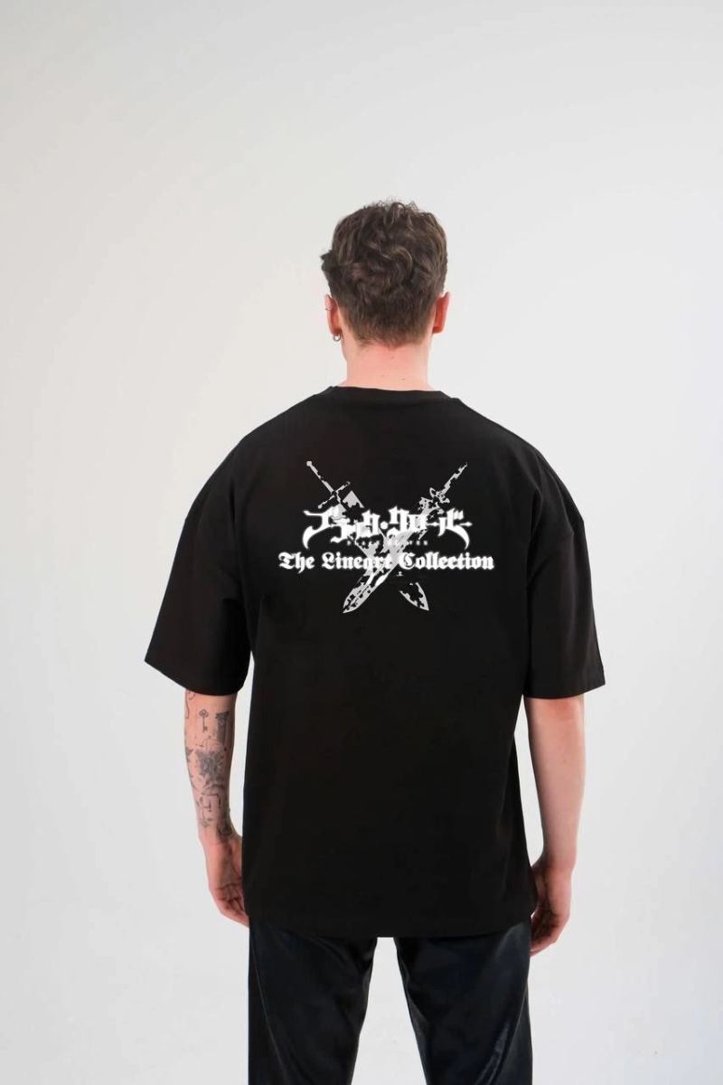 Erkek Kısa Kol Tişört Bisiklet Yaka YONCA Baskılı Oversize T-Shirt - Siyah
