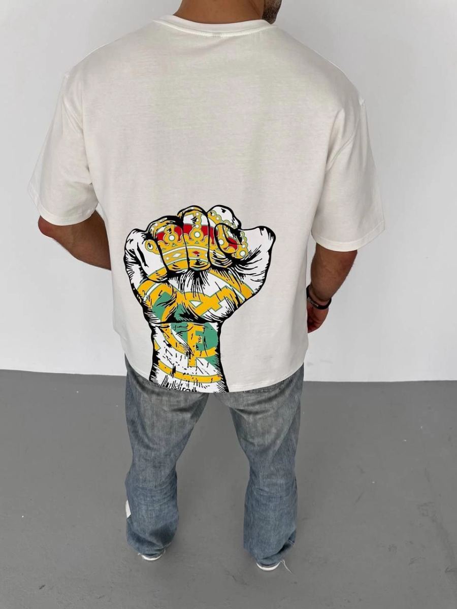 Erkek Kısa Kol Yazlık Tişört Bisiklet Yaka Baskılı Oversize T-Shirt - Beyaz