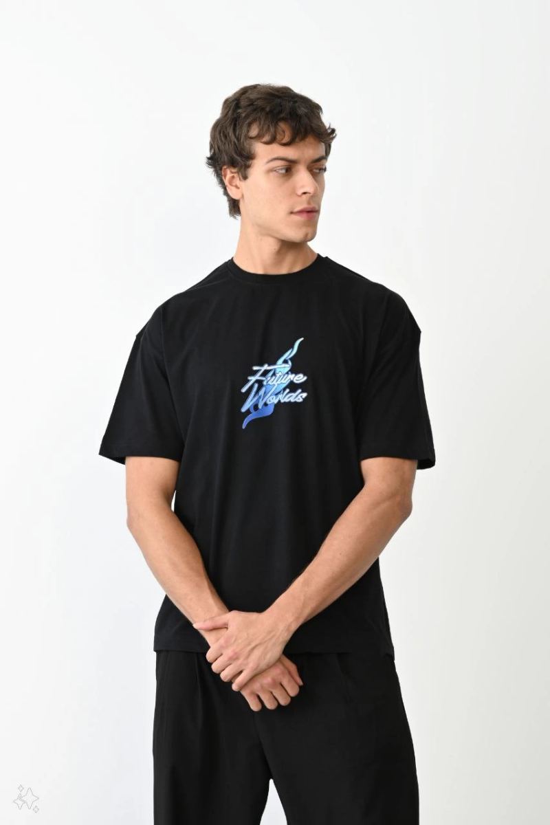 Erkek Kısa Kol Yazlık Tişört Bisiklet Yaka Baskılı Oversize T-Shirt - Siyah