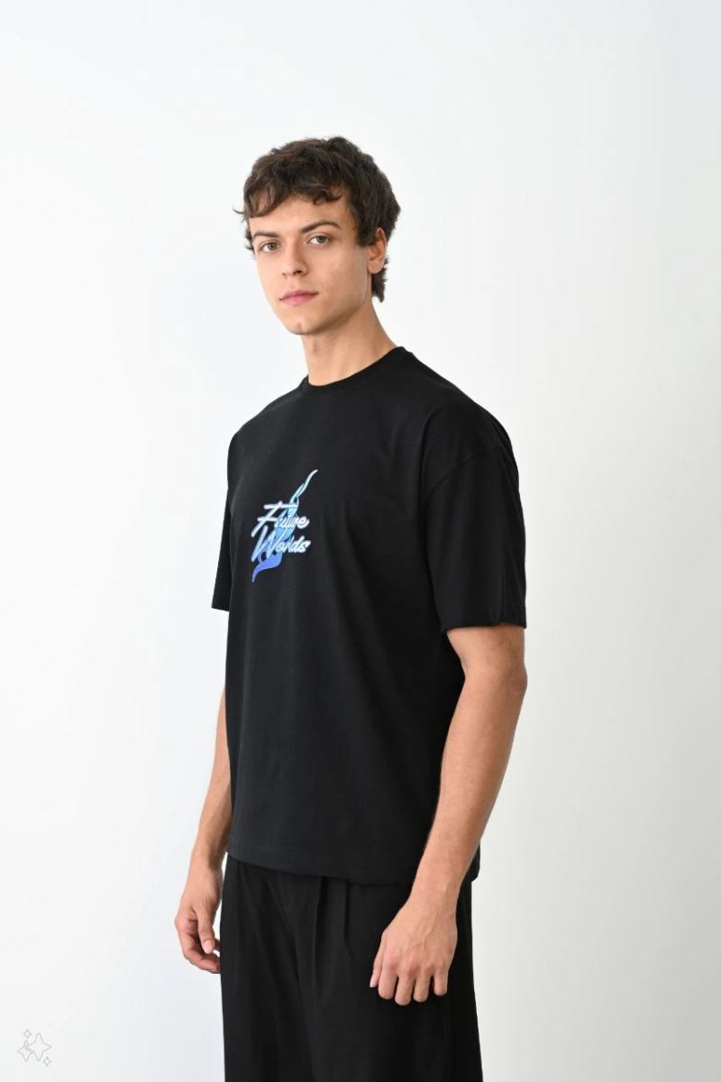 Erkek Kısa Kol Yazlık Tişört Bisiklet Yaka Baskılı Oversize T-Shirt - Siyah