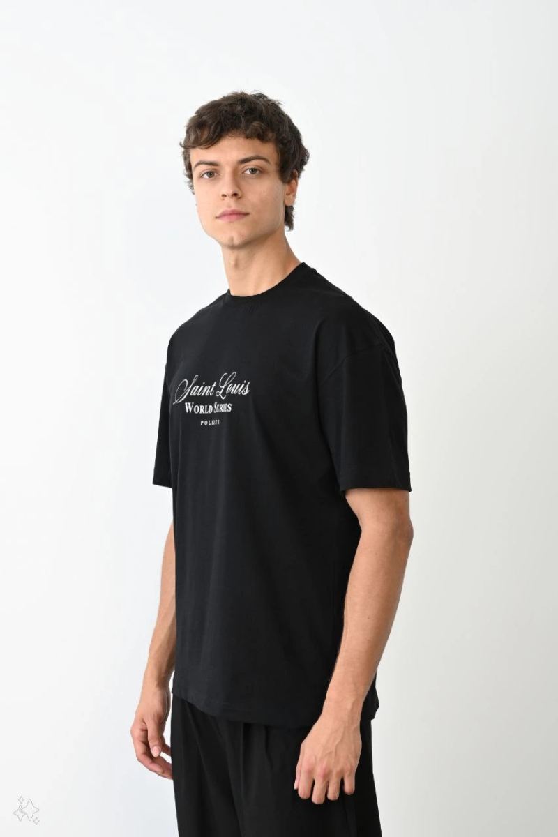Erkek Kısa Kol Yazlık Tişört Bisiklet Yaka Baskılı Oversize T-Shirt - Siyah