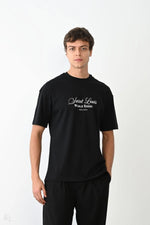 Erkek Kısa Kol Yazlık Tişört Bisiklet Yaka Baskılı Oversize T-Shirt - Siyah