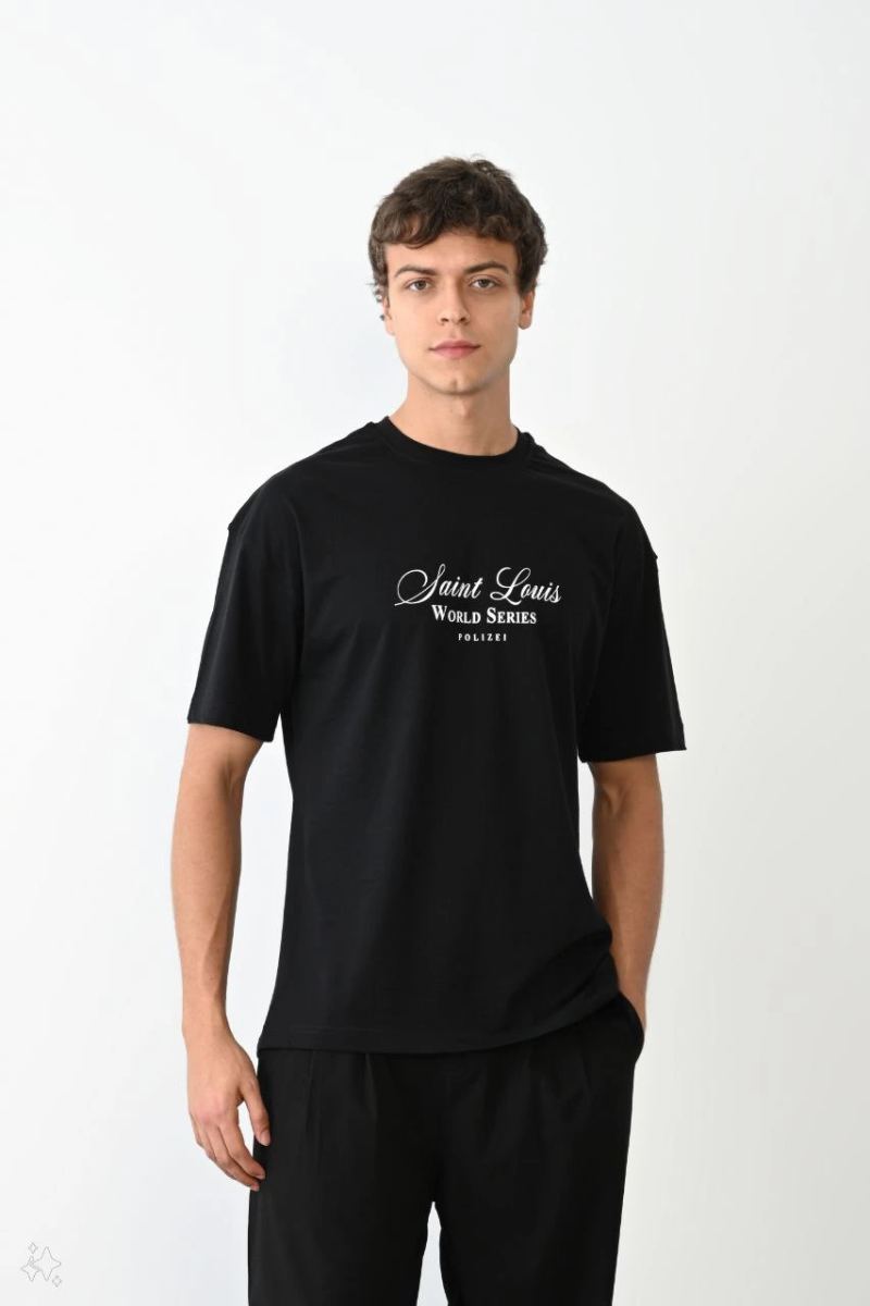 Erkek Kısa Kol Yazlık Tişört Bisiklet Yaka Baskılı Oversize T-Shirt - Siyah