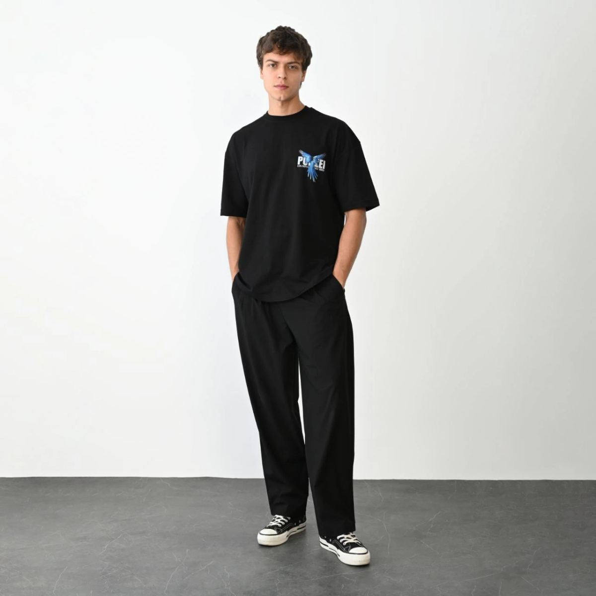 Erkek Baskılı T-Shirt Kısa Kol Bisiklet Yaka Regular Fit Rahat Kalıp Günlük Tişört - Siyah