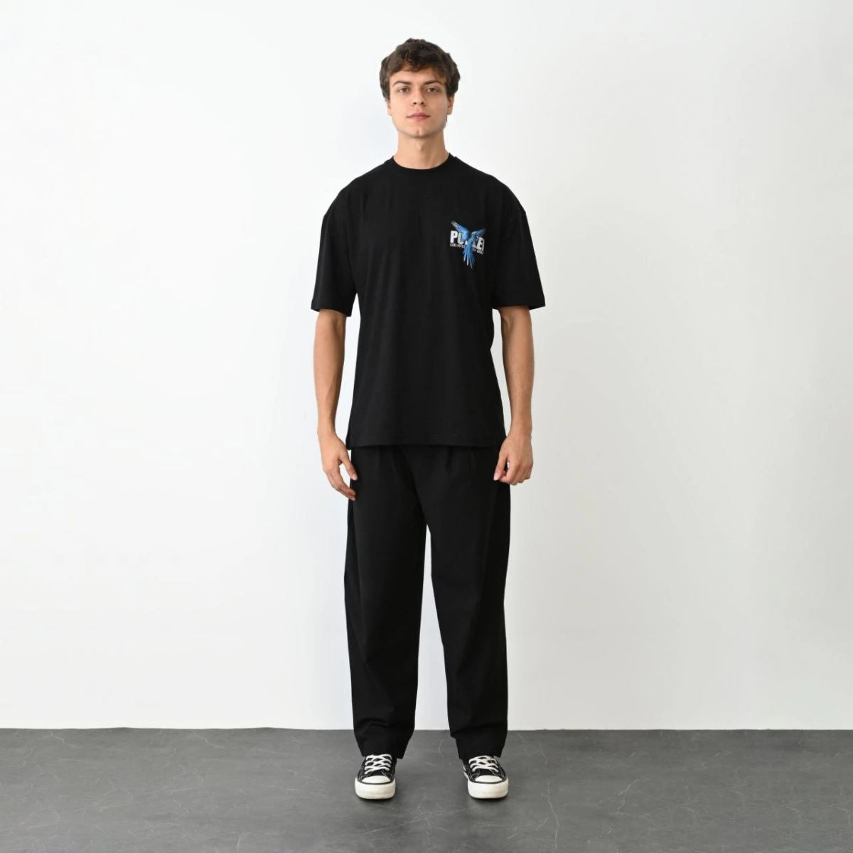 Erkek Baskılı T-Shirt Kısa Kol Bisiklet Yaka Regular Fit Rahat Kalıp Günlük Tişört - Siyah