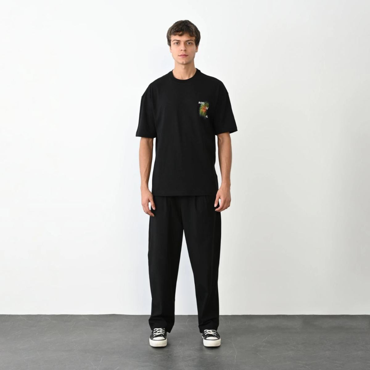 Erkek Kısa Kol Yazlık Tişört Bisiklet Yaka Baskılı Oversize T-Shirt - Siyah