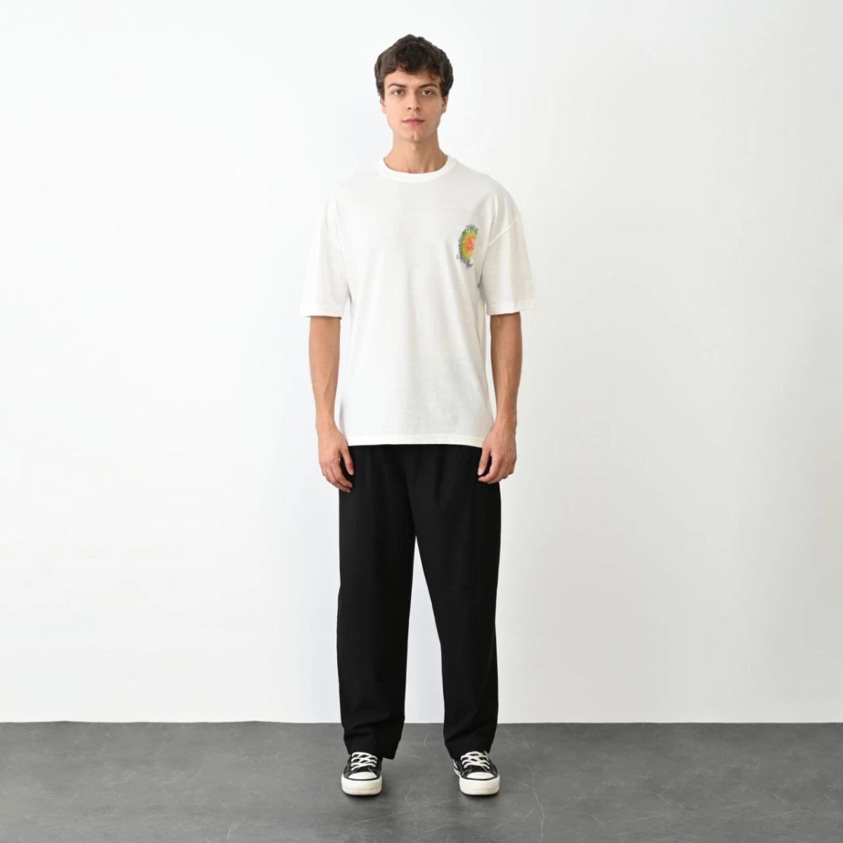 Erkek Kısa Kol Yazlık Tişört Bisiklet Yaka Baskılı Oversize T-Shirt - Beyaz