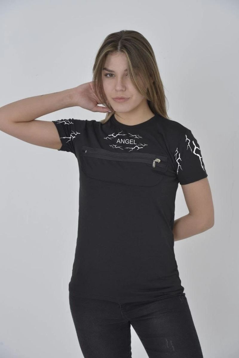 Kadın Baskılı T-Shirt Kısa Kol Bisiklet Yaka Göğüs Fermuarlı Tişört - Siyah