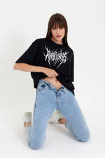 Kadın Baskılı T-Shirt Kısa Kol Bisiklet Yaka Oversize Rahat Kalıp Günlük Tişört   - Siyah