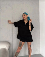 Kadın Yarım Fermuarlı Tişört Düz Oversize T-Shirt - Siyah