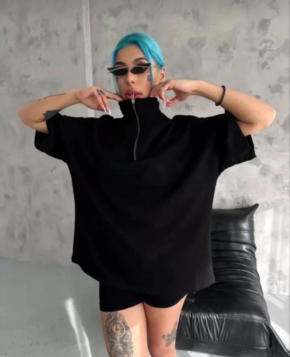 Kadın Yarım Fermuarlı Tişört Düz Oversize T-Shirt - Siyah