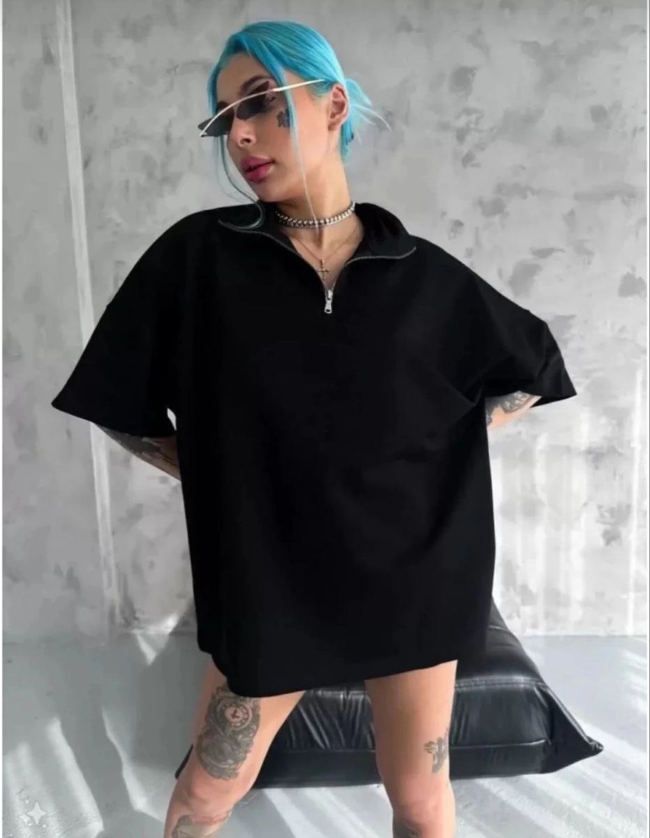 Kadın Yarım Fermuarlı Tişört Düz Oversize T-Shirt - Siyah