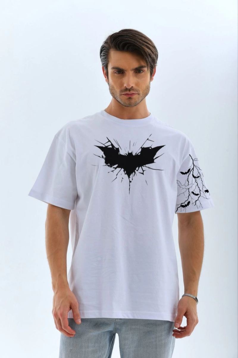 ERKEK Bisiklet yaka tişort Ön ve Kol YARASA Baskılı T-shirt - Beyaz