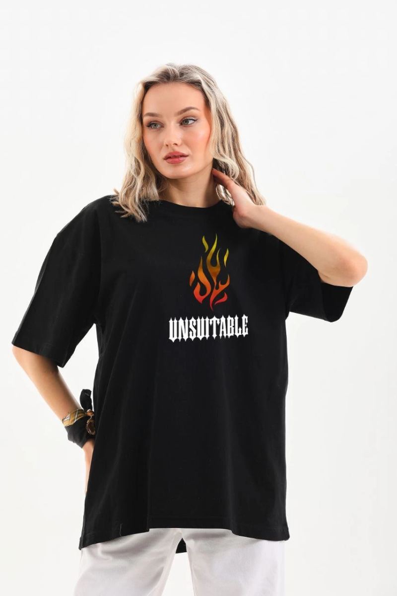 Kadın Baskılı T-Shirt Kısa Kol Bisiklet Yaka Oversize Rahat Kalıp Günlük Tişört   - Siyah