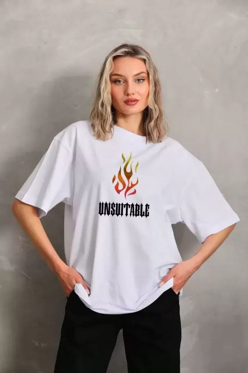 Kadın Baskılı T-Shirt Kısa Kol Bisiklet Yaka Oversize Rahat Kalıp Günlük Tişört   - Beyaz