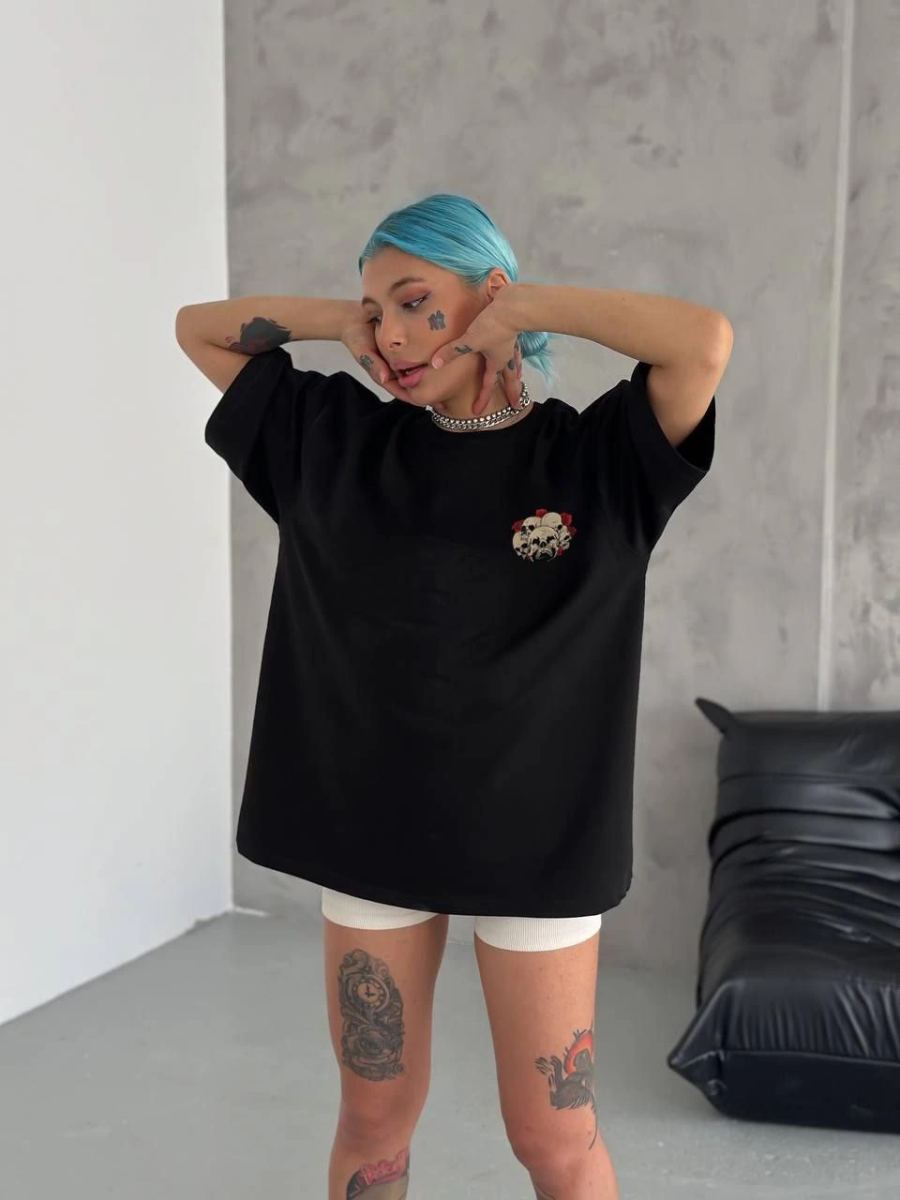 Kadın Baskılı T-Shirt Kısa Kol Bisiklet Yaka Oversize Rahat Kalıp Günlük Tişört   - Siyah