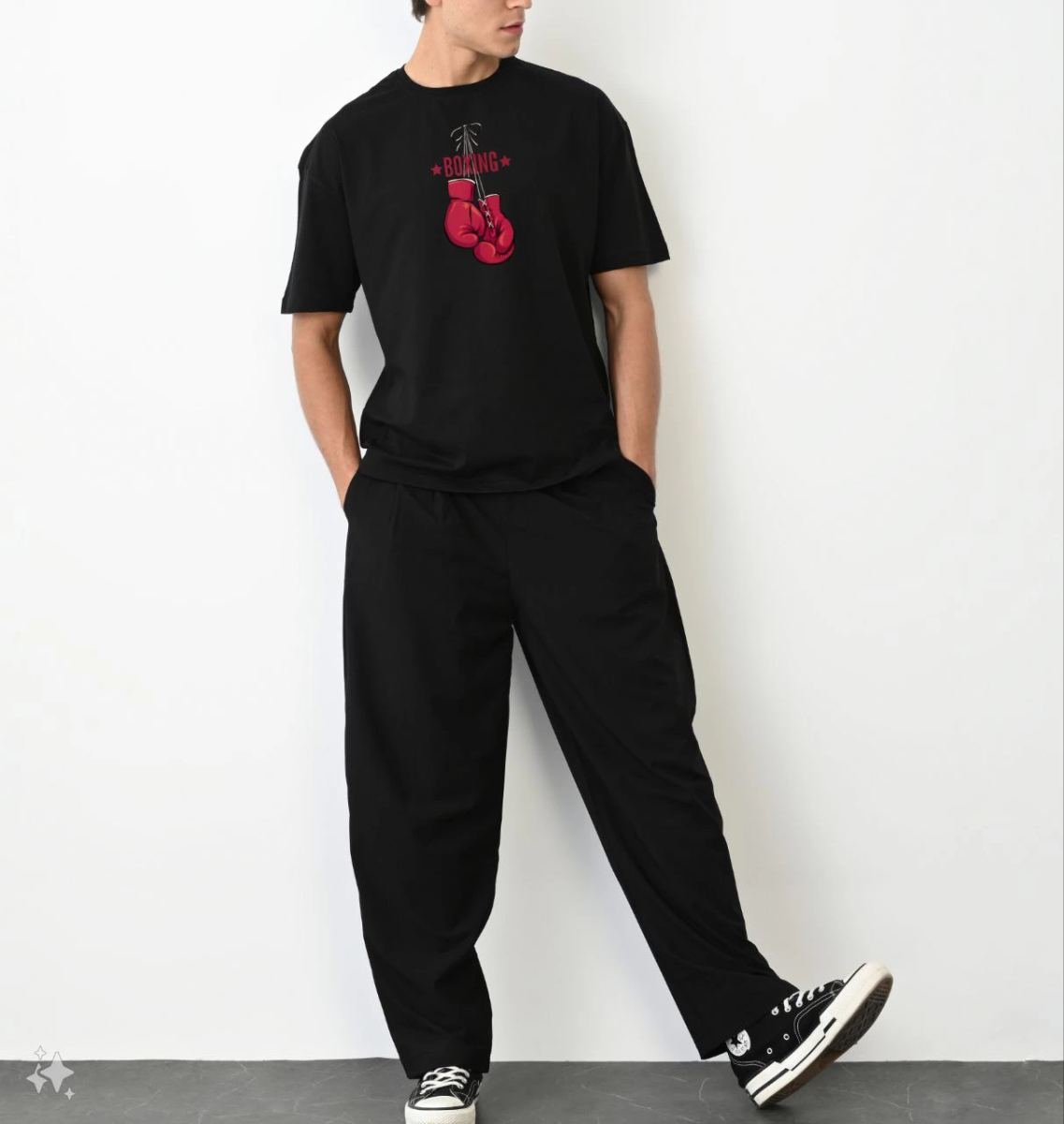 Erkek Boks Eldiven Baskılı T-Shirt Kısa Kol Bisiklet Yaka Regular Tişört - Siyah