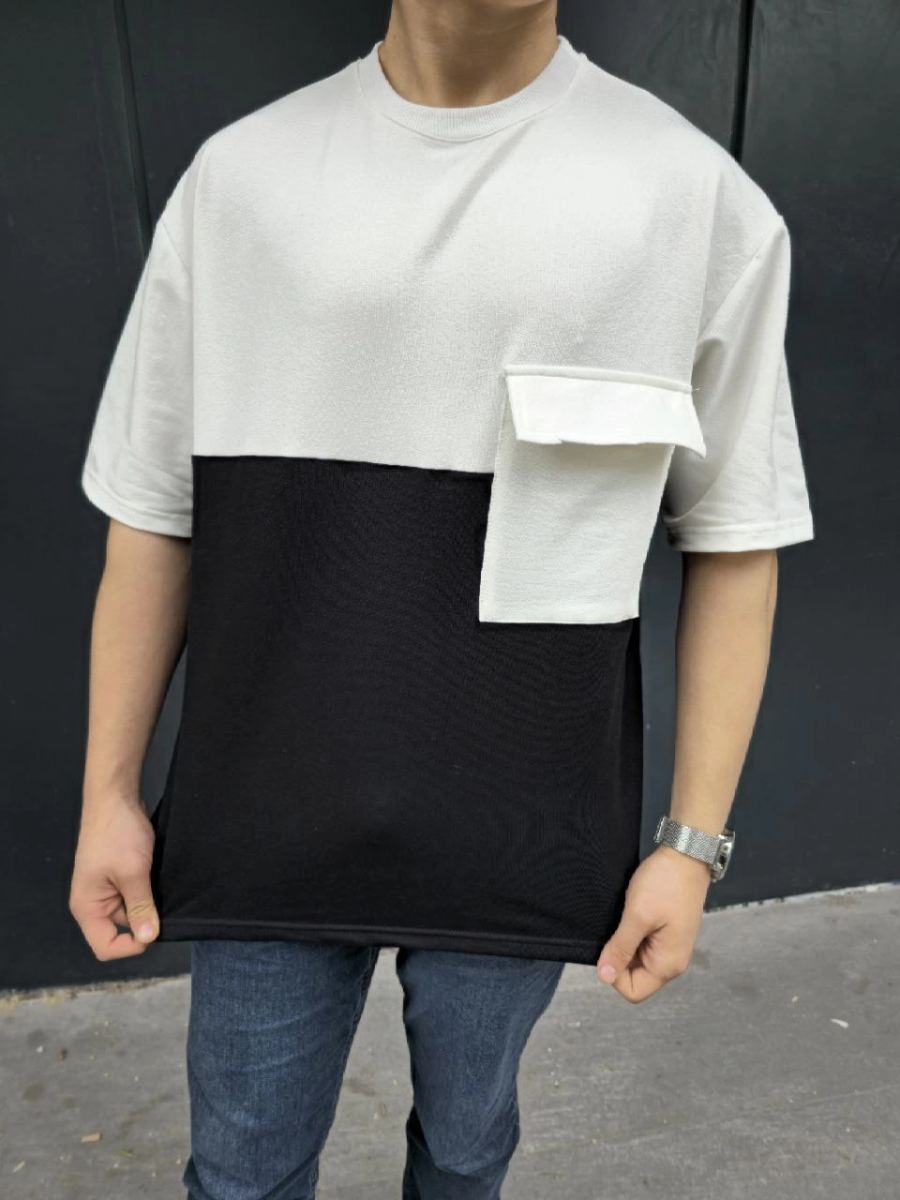 Erkek Kısa Kol Yazlık Tişört Torba Cepli Parçalı T-Shirt - Siyah