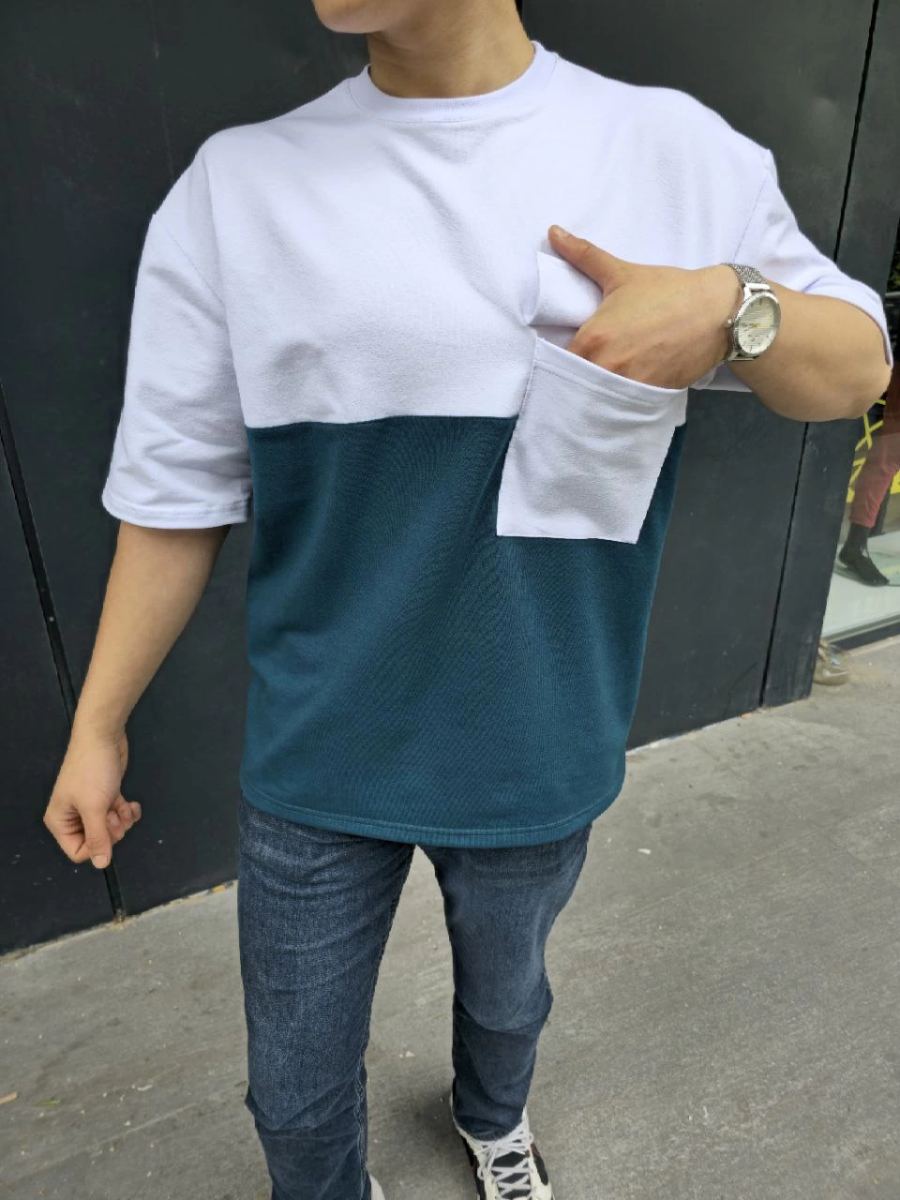 Erkek Kısa Kol Yazlık Tişört Torba Cepli Parçalı T-Shirt - Lacivert