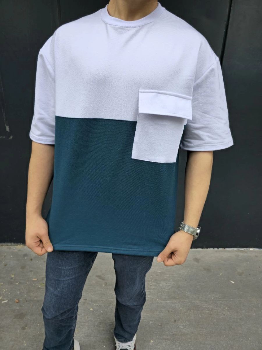 Erkek Kısa Kol Yazlık Tişört Torba Cepli Parçalı T-Shirt - Lacivert