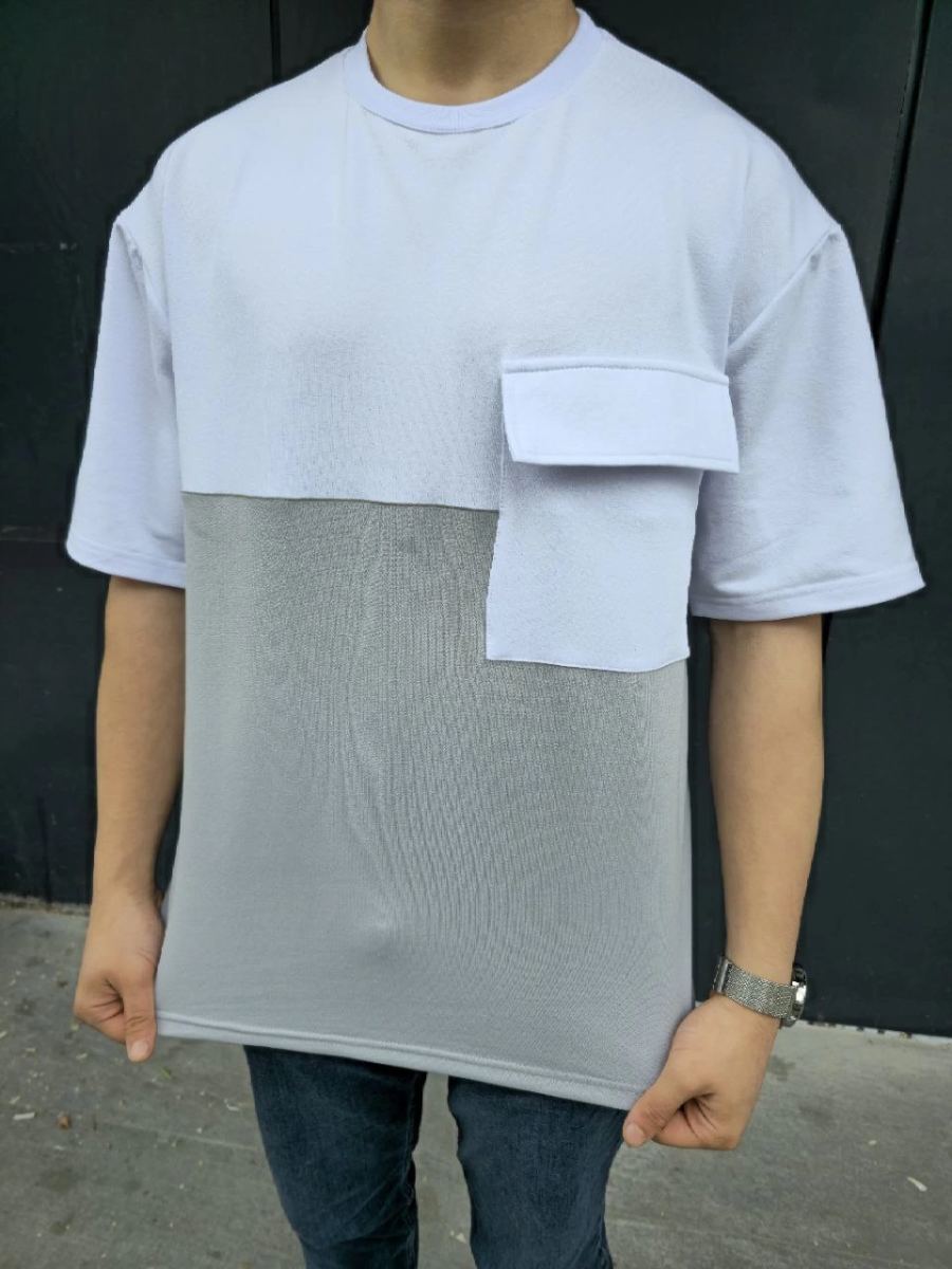 Erkek Kısa Kol Yazlık Tişört Torba Cepli Parçalı T-Shirt - Gri