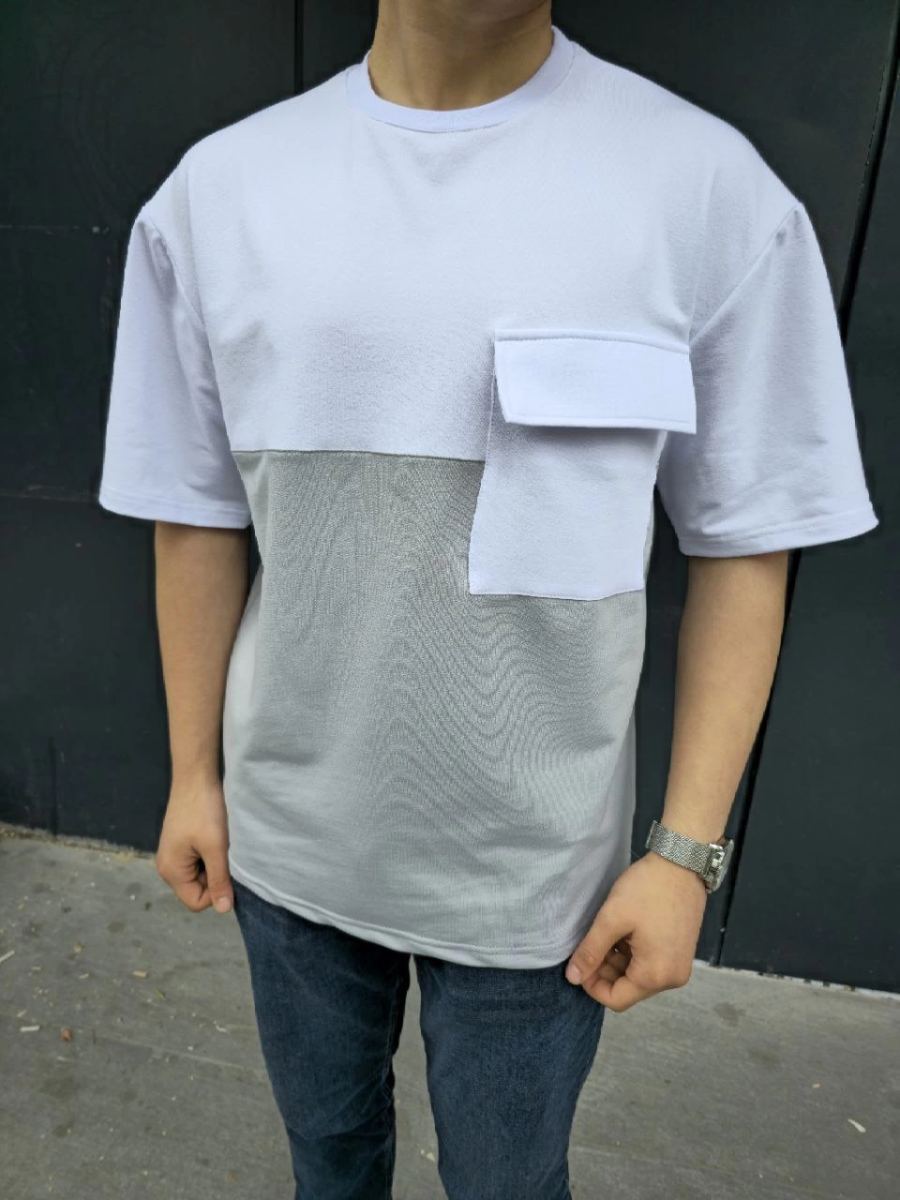 Erkek Kısa Kol Yazlık Tişört Torba Cepli Parçalı T-Shirt - Gri