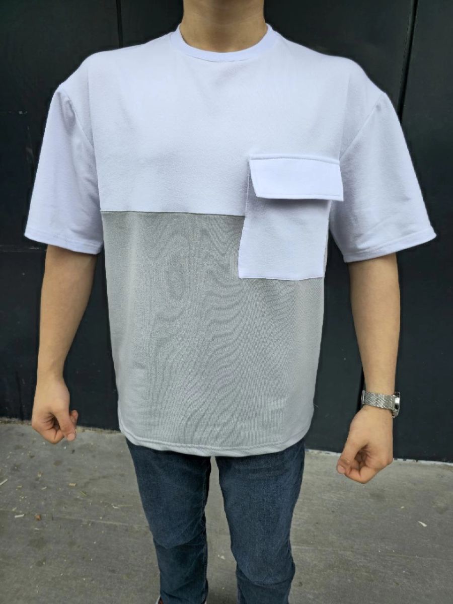 Erkek Kısa Kol Yazlık Tişört Torba Cepli Parçalı T-Shirt - Gri