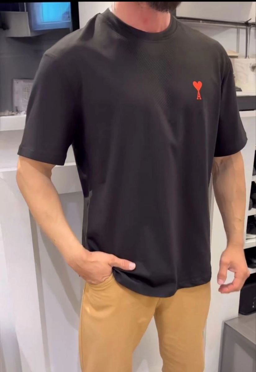 Erkek Kısa Kol Tişört Bisiklet Yaka KALP Baskılı Oversize T-Shirt - Siyah