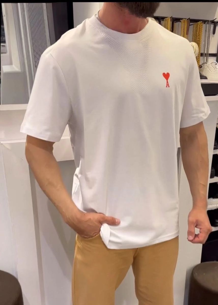 Erkek Kısa Kol Tişört Bisiklet Yaka KALP Baskılı Oversize T-Shirt - Beyaz
