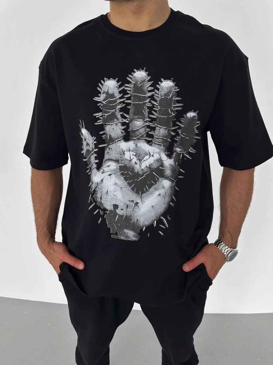 Erkek Baskılı T-Shirt Kısa Kol Bisiklet Yaka Regular Fit Rahat Kalıp Günlük Tişört - Siyah