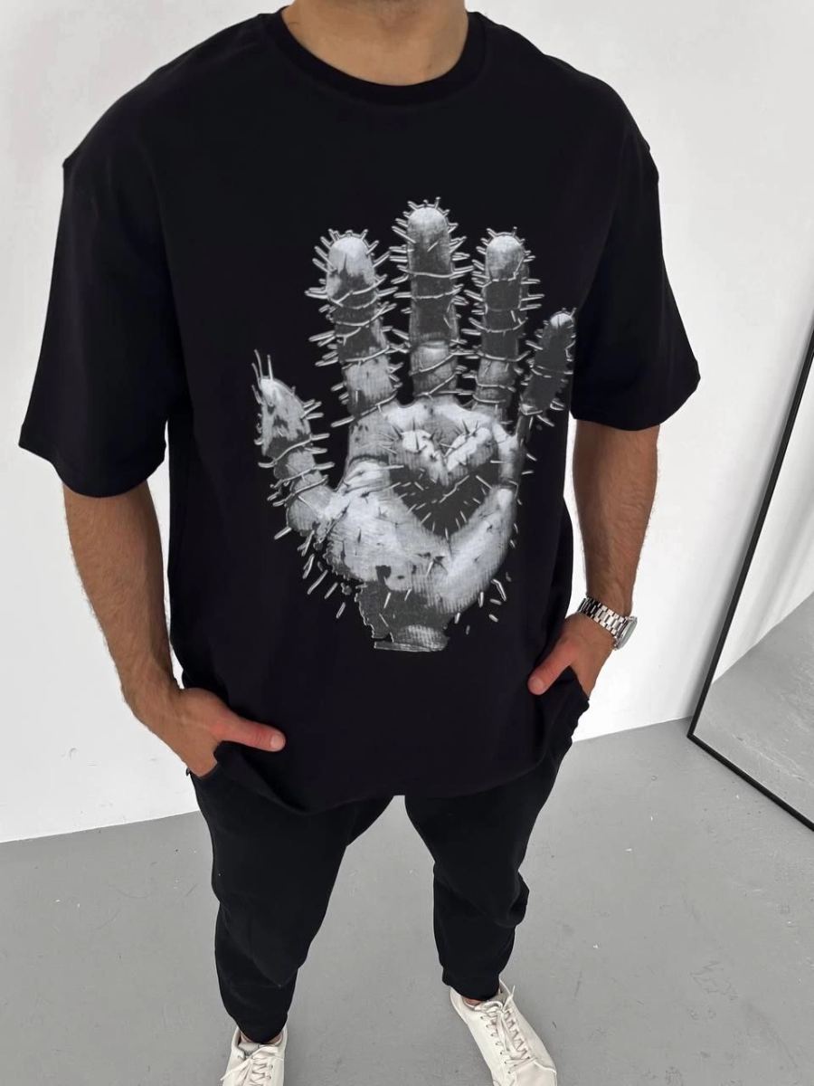 Erkek Baskılı T-Shirt Kısa Kol Bisiklet Yaka Regular Fit Rahat Kalıp Günlük Tişört - Siyah