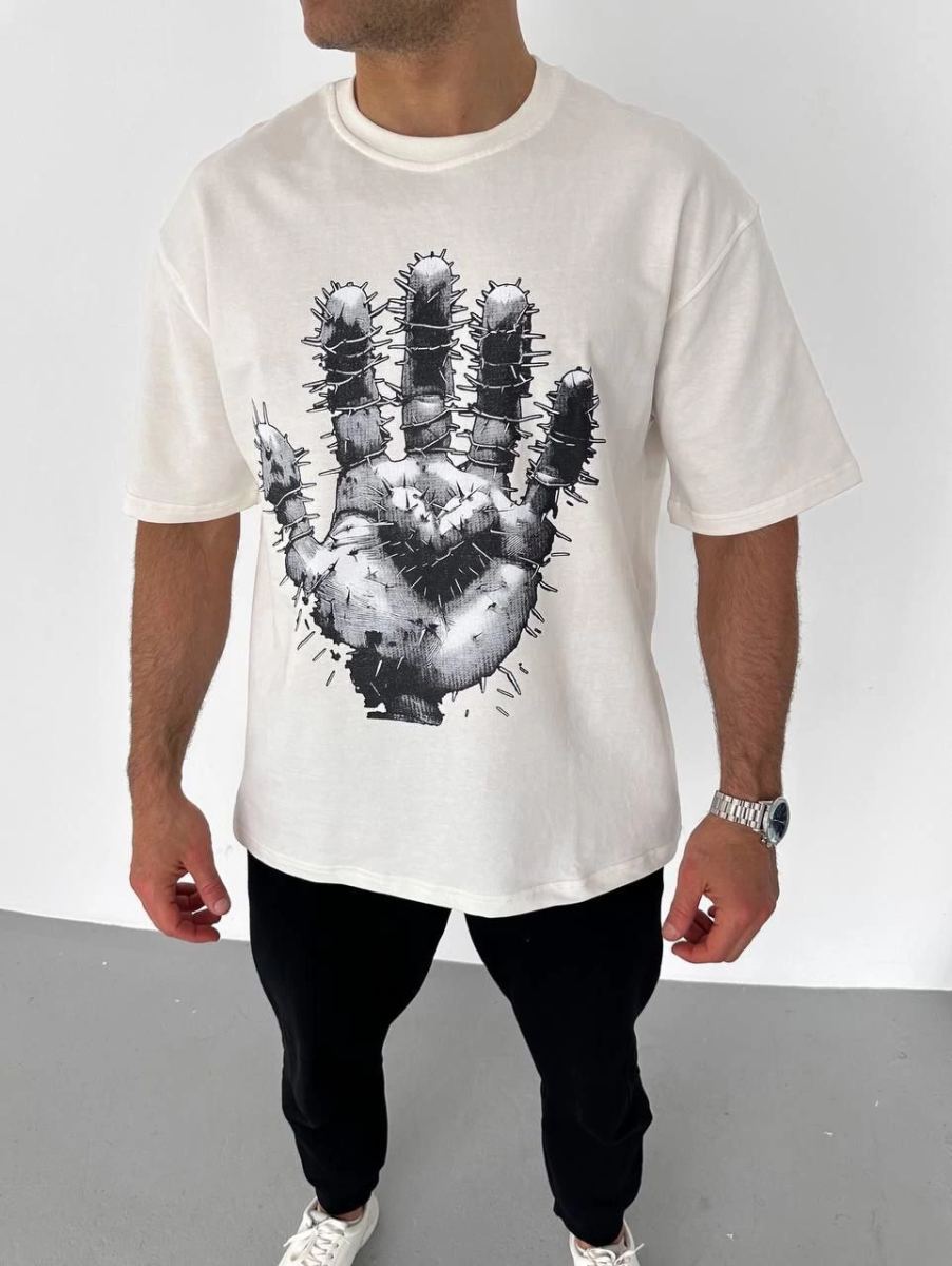 Erkek Baskılı T-Shirt Kısa Kol Bisiklet Yaka Regular Fit Rahat Kalıp Günlük Tişört - Beyaz