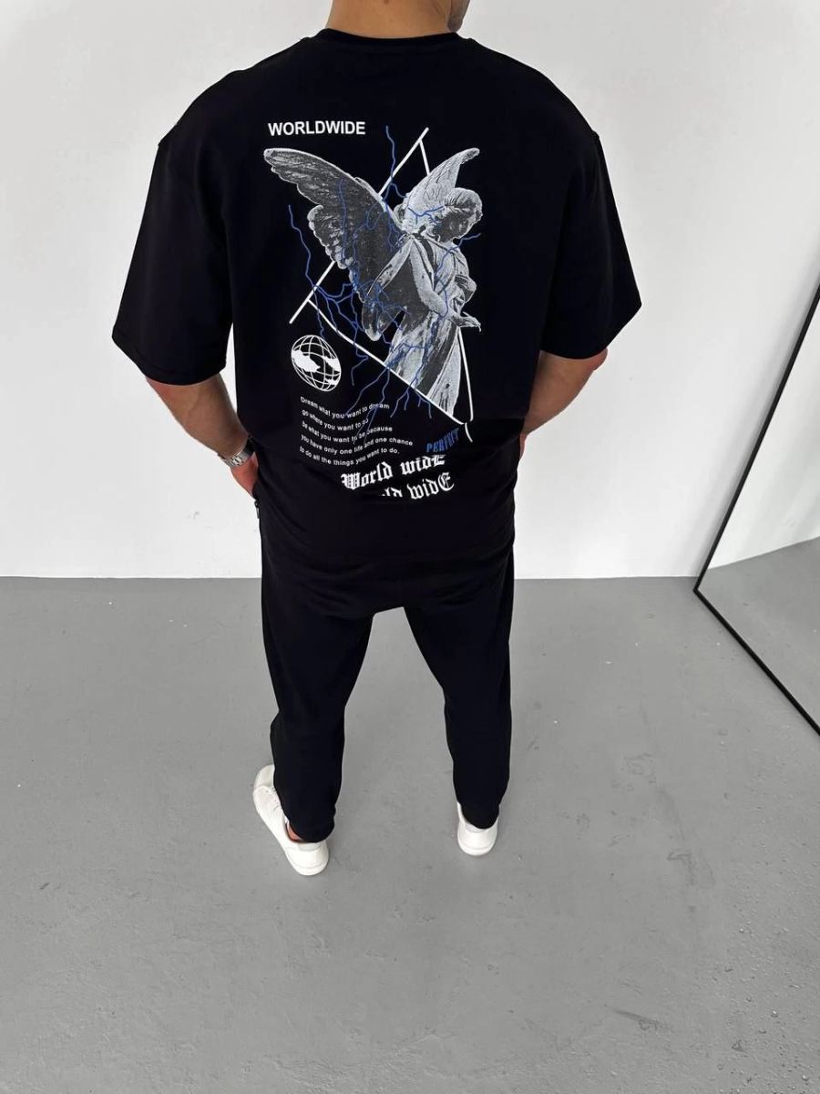 Erkek Baskılı T-Shirt Kısa Kol Bisiklet Yaka Regular Fit Rahat Kalıp Günlük Tişört - Siyah
