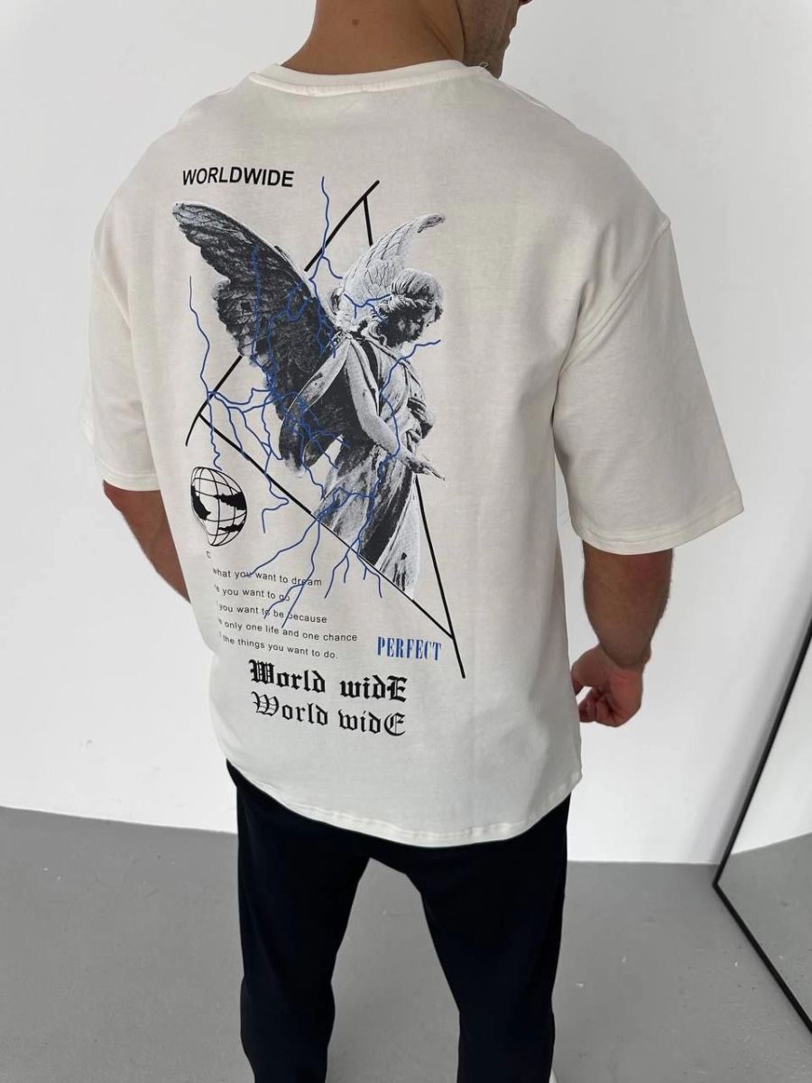 Erkek Yazlık Baskılı Tişört Bisiklet Yaka Kısa Kol Regular Fit T-Shirt - Beyaz