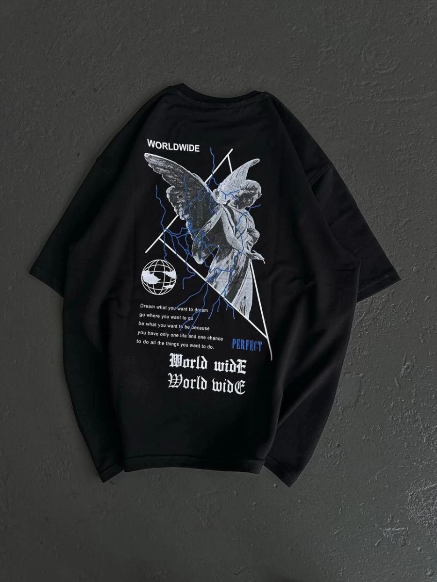 Kadın Baskılı T-Shirt Kısa Kol Bisiklet Yaka Oversize Rahat Kalıp Günlük Tişört   - Siyah