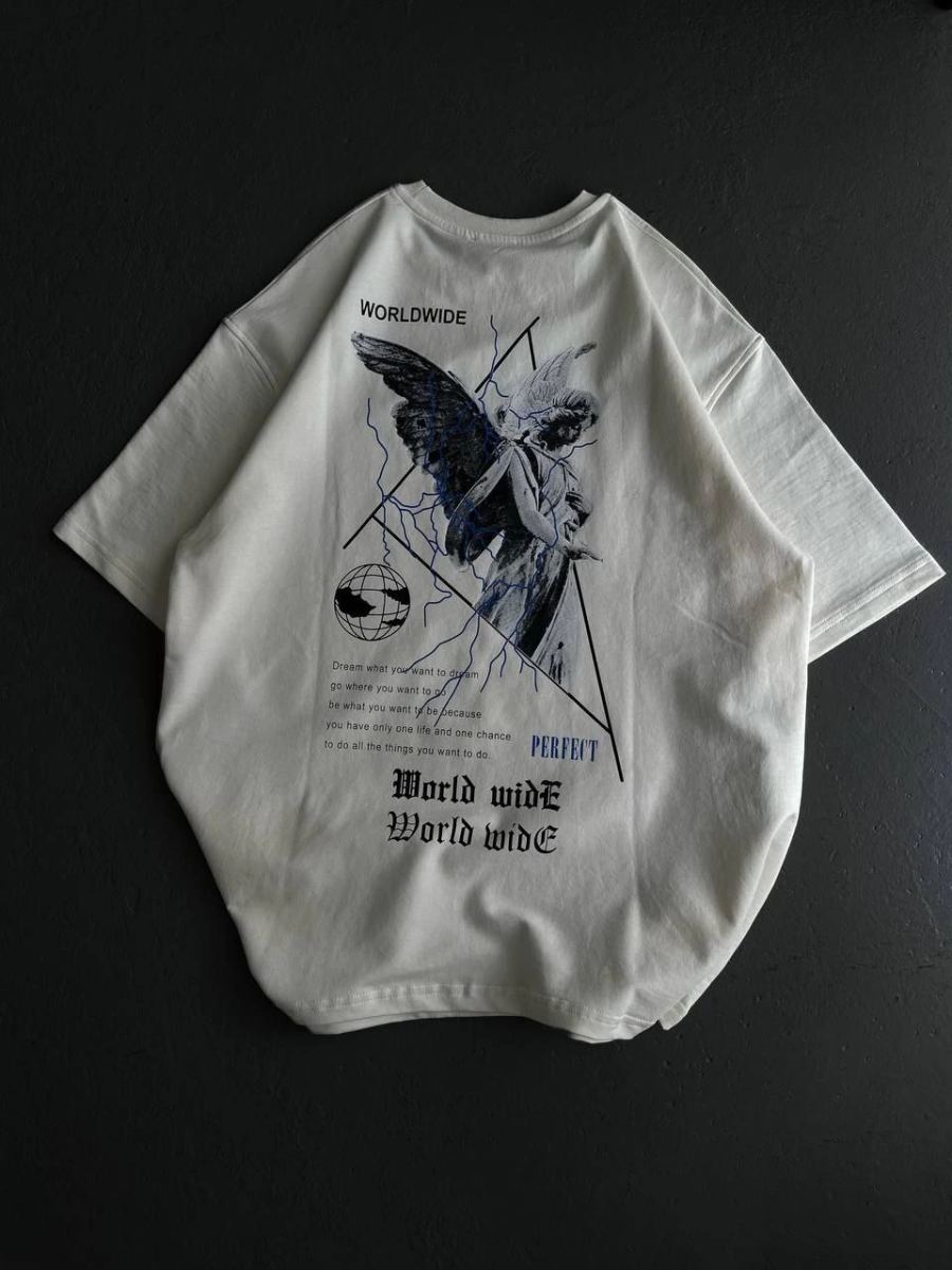 Kadın Baskılı T-Shirt Kısa Kol Bisiklet Yaka Oversize Rahat Kalıp Günlük Tişört   - Beyaz