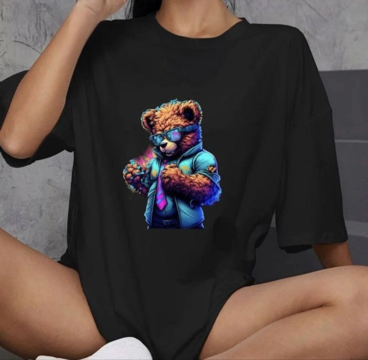 Kadın Baskılı T-Shirt Kısa Kol Bisiklet Yaka Oversize Rahat Kalıp Günlük Tişört   - Siyah