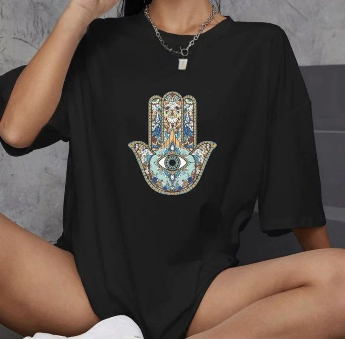 Kadın Baskılı T-Shirt Kısa Kol Bisiklet Yaka Oversize Rahat Kalıp Günlük Tişört   - Siyah