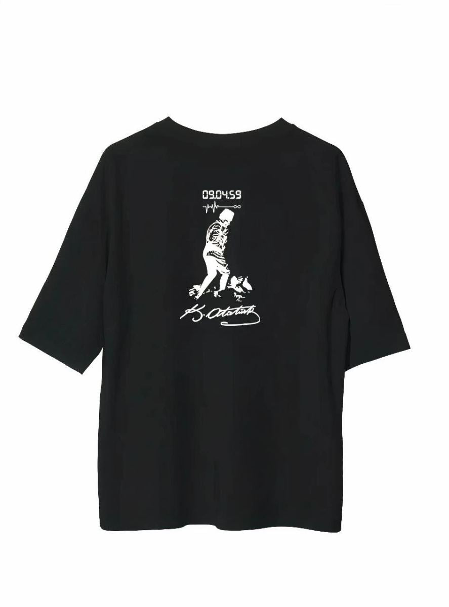 Erkek Kısa Kol Tişört Bisiklet Yaka ATATÜRK Baskılı T-Shirt - Siyah