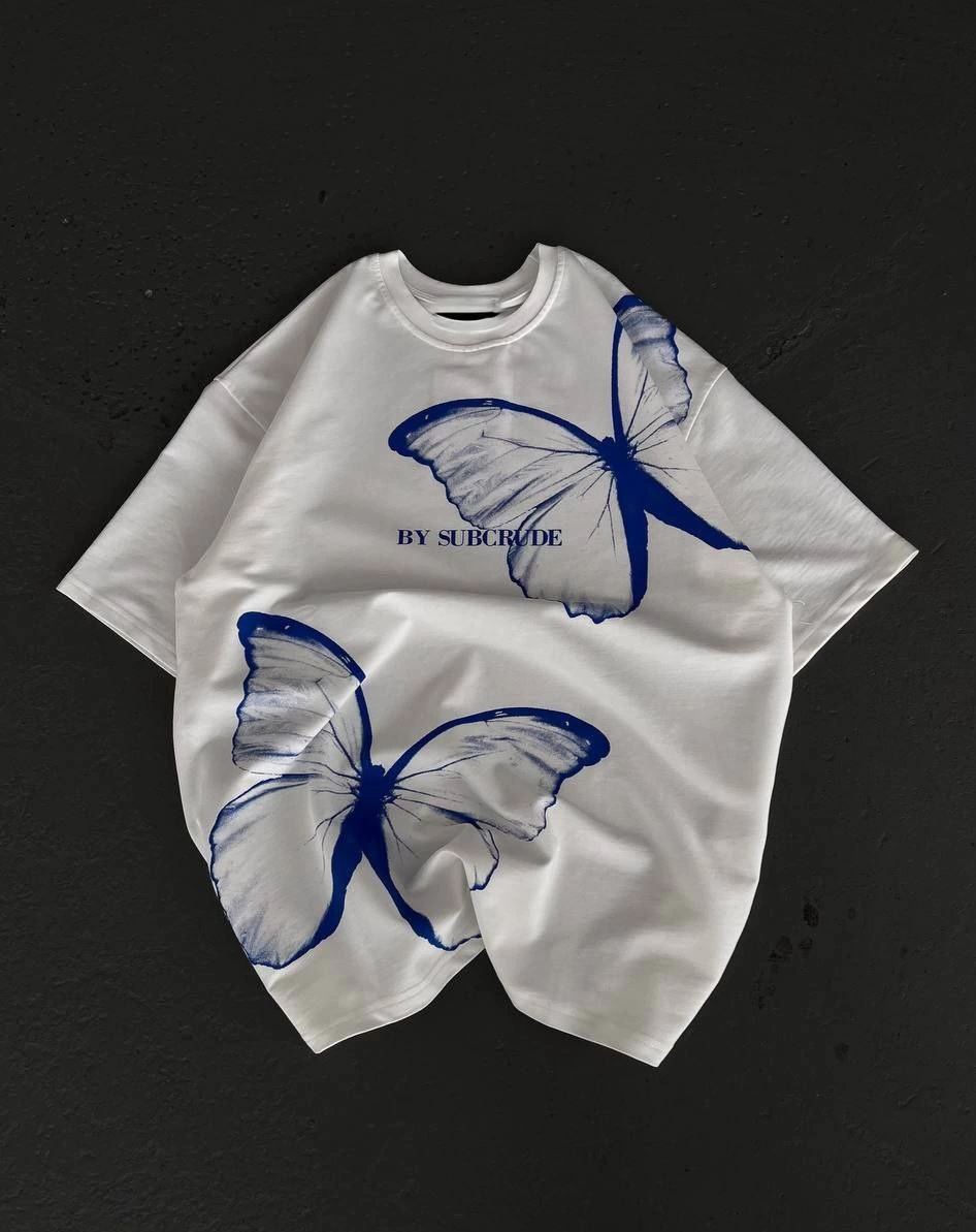 kadın  Bisiklet Yaka Baskılı Oversize T-Shirt - Beyaz