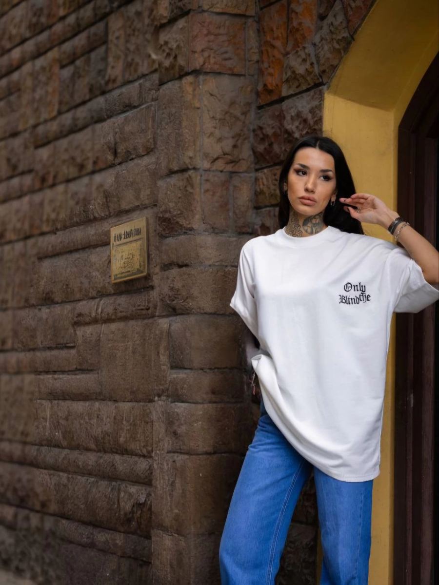 kadın Tişort Bisiklet Yaka Baskılı yazlık Kısa kol Oversize T-Shirt - Beyaz