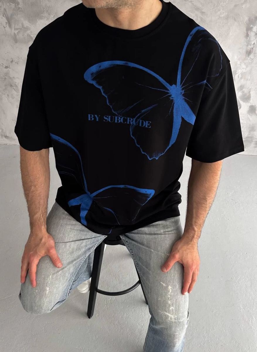 Erkek Kısa Kol Yazlık Tişört Bisiklet Yaka Baskılı Oversize T-Shirt - Siyah