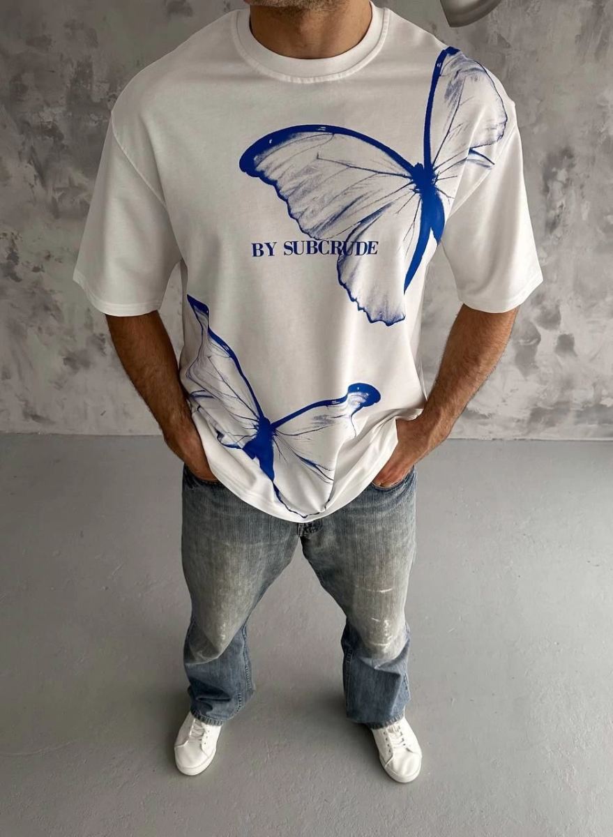 Erkek Kısa Kol Yazlık Tişört Bisiklet Yaka Baskılı Oversize T-Shirt - Beyaz