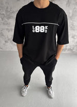 Erkek Kısa Kol Yazlık Tişört Bisiklet Yaka Baskılı Oversize T-Shirt - Siyah