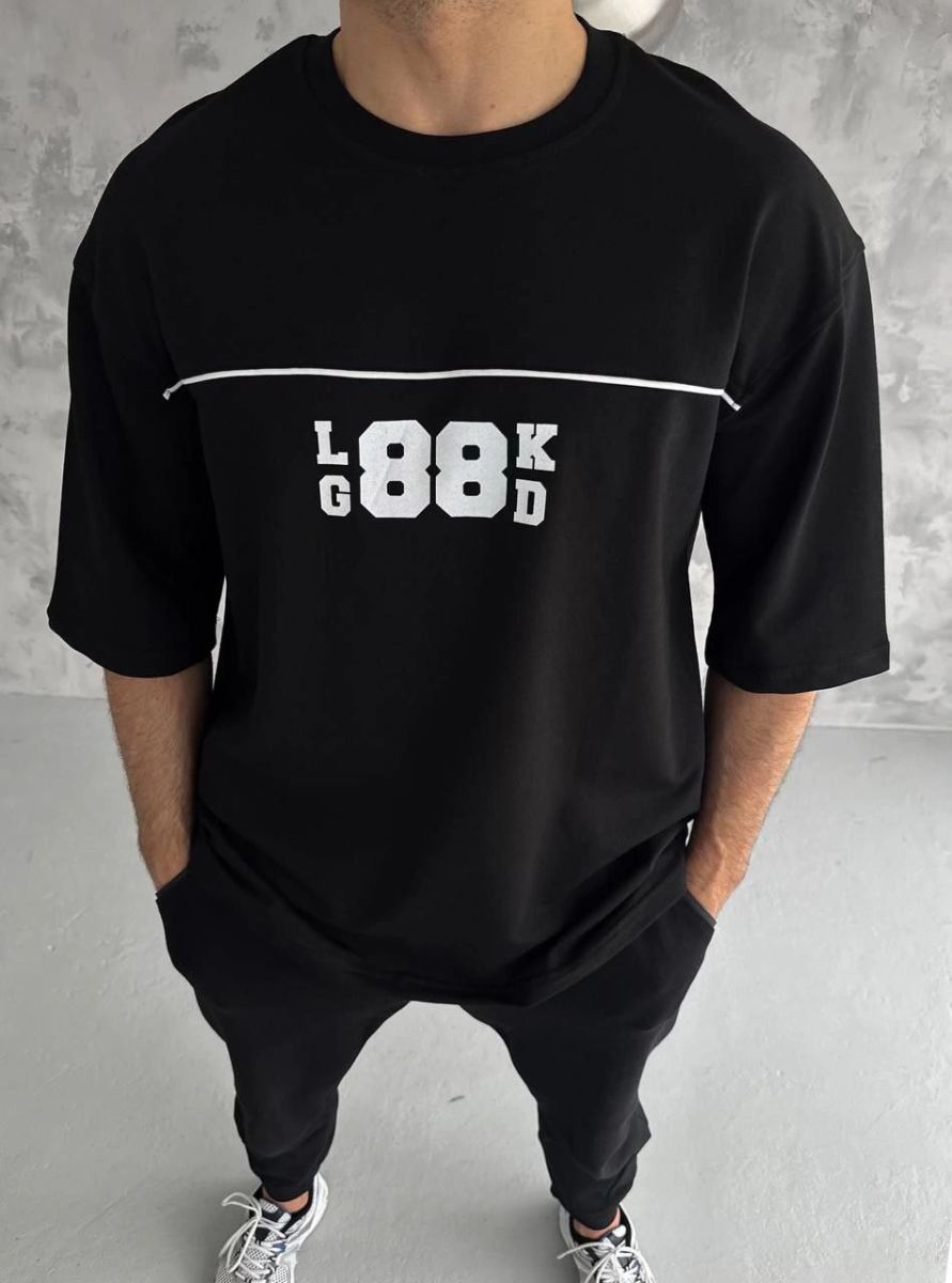 Erkek Kısa Kol Yazlık Tişört Bisiklet Yaka Baskılı Oversize T-Shirt - Siyah